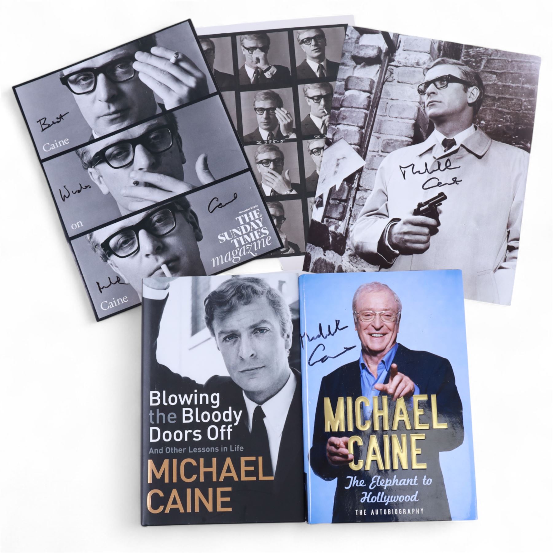 Michael Caine signed books and photographs, comprising 'The Elephant of Hollywood' autobiography and 'Blowing the Bloody Doors Off and Other Lessons in Life', black and white still from Funeral in Berlin and Sunday Times Magazine feature 'Caine on Caine'