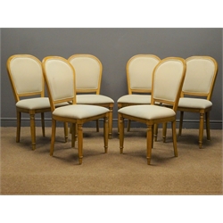  Set six light oak framed John Lewis dining chairs, upholstered back and seat with a natural linen fabric, turned supports   