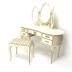 French style cream and gilt kidney shaped dressing table, three piece raised mirror back, one long and four short drawers, cabriole legs, W132cm