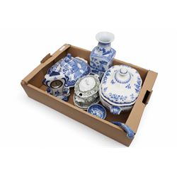 Minton blue and white soup tureen, Willow pattern vegetable dish and cover, Doulton ewer and basin and other items