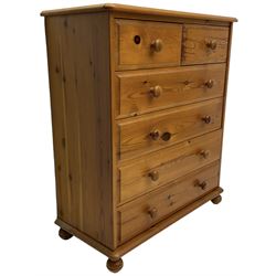 Polished pine chest, two over four drawers (W85cm, H97cm, D39cm); pine bedside chest (W46cm, H57cm, D39cm)