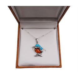 Silver and Baltic amber kingfisher pendant necklace, stamped 925 