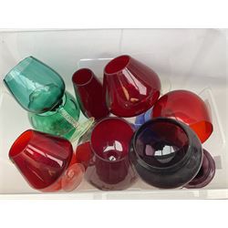 Quantity of large brandy balloon glasses to include cranberry, blue and green examples, and quantity of cat and dog ornaments
