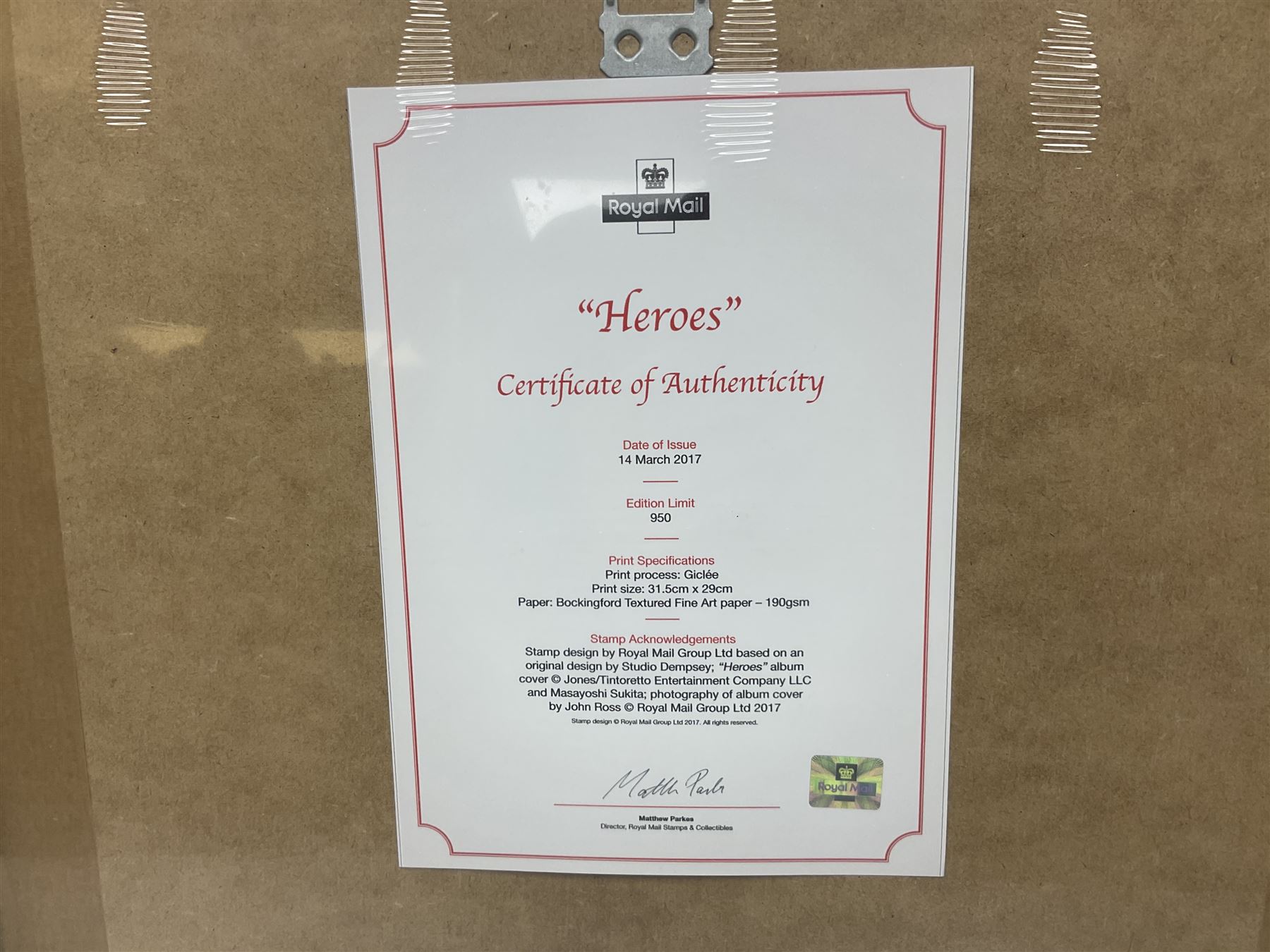 Set of four Royal Mail David Bowie limited edition album stamp prints, comprising Heroes, Ziggy Stardust Tour, Hunky Dory and Let's Dance, all framed and in original packaging, H43cm W43cm