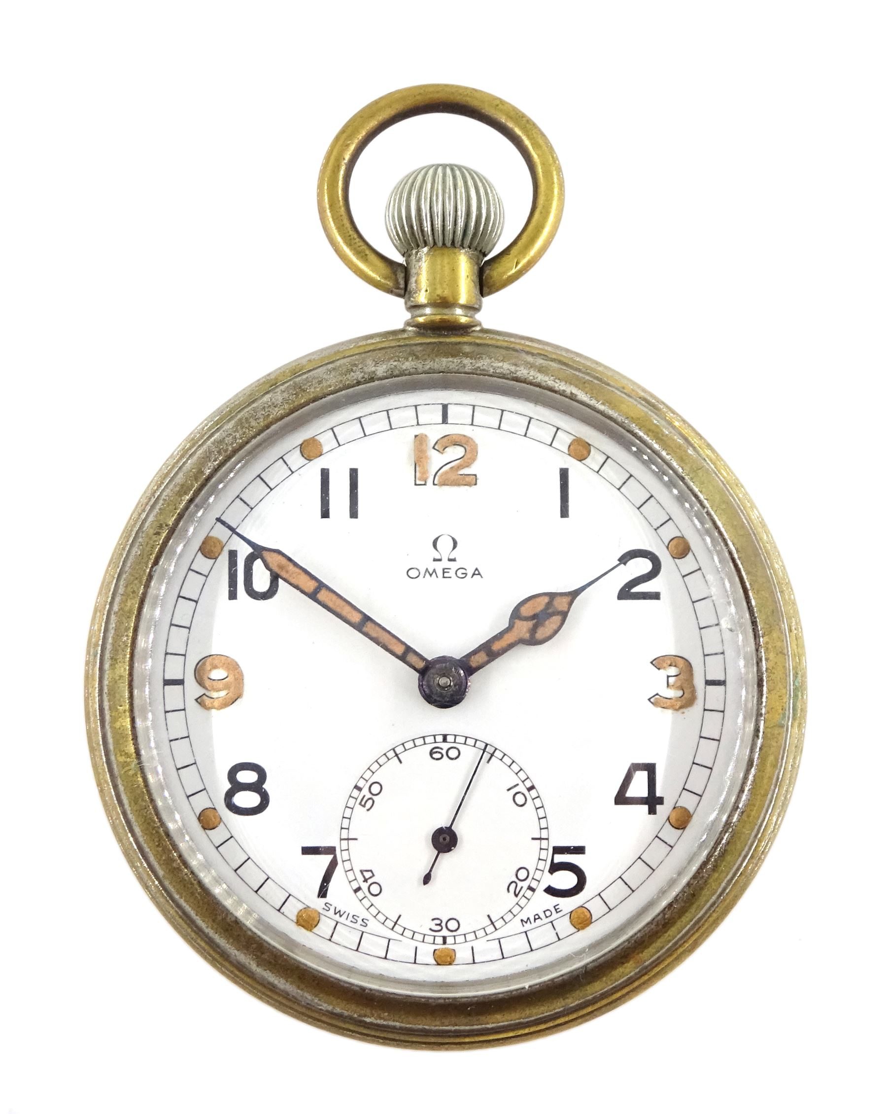 Military issue nickle open face, 15 jewels lever pocket watch by Omega, No.  9960290, white enamel