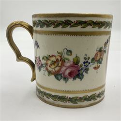 Sèvres soft paste porcelain coffee can and saucer with date code for 1780, painted with pink oval panels bordering bouquets of flowers, united by swags of flowers tied with purple ribbons, within laurel leaf borders, interlaced LL monogram enclosing date letters CC above painters marks for Nicquet, coffee can H7.5cm, saucer D15cm