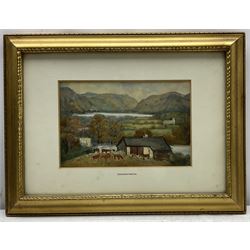 Roca (Continental 20th century): Continental Seafront Cityscape, oil on board signed; English School (20th century): 'Derwentwater', watercolour unsigned, titled on mount together with a streetview watercolour max 18cm x 23cm (3)