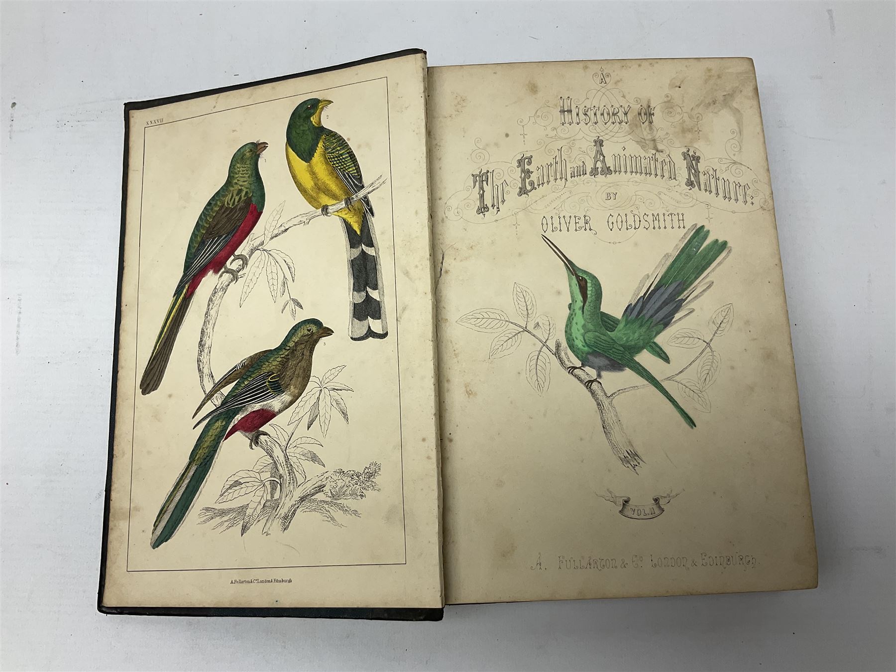 Goldsmith, Oliver; A History of the Earth and Animated Nature, 2 volumes, pub. Fullarton, Edinburgh and London, illustrated with coloured plates, cloth and leather bound with marbled edges (2)