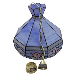 20th century Tiffany style stained glass centre light, the multi-sided shade formed from marbled blue glass panels bordered by a band of stylised floral motifs
