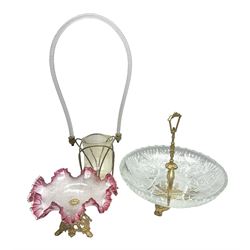 20th century moulded glass and gilt centre piece bowl with carrying handle and ornate trefoil base, together with frilled cranberry edge glass comport with ornate gilt base, and further centre piece with  large glass handle of twisted form, tallest H54cm