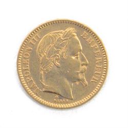 France Napoleon III 1865 gold twenty franc coin