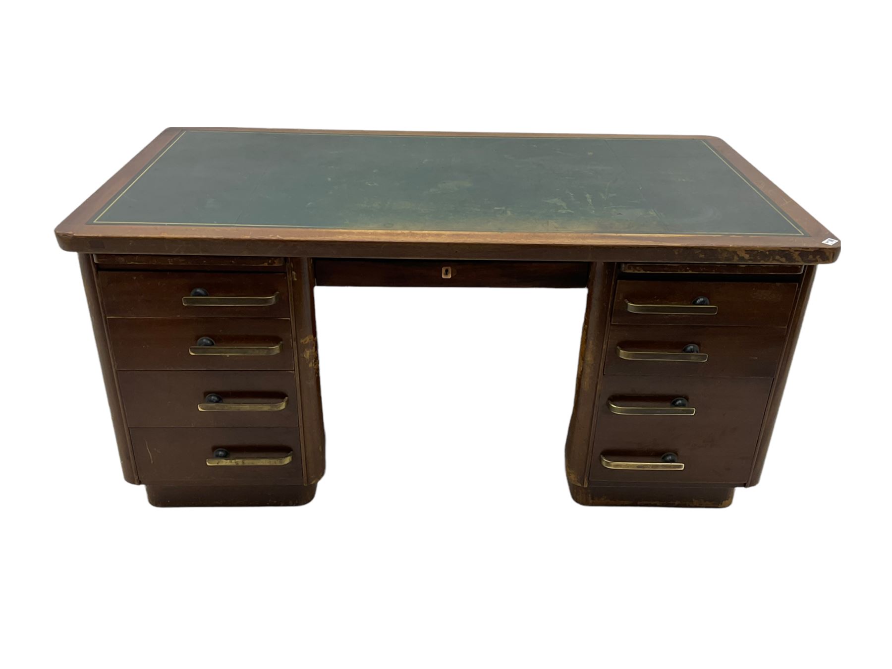 Abbess - mid 20th century mahogany twin pedestal office desk, inset leather writing surface, fitted with nine drawers and three slides