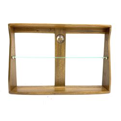 Ercol medium elm two tier wall plate rack, and additional Ercol two tier wall plate rack, with glass shelf and swan detail. 