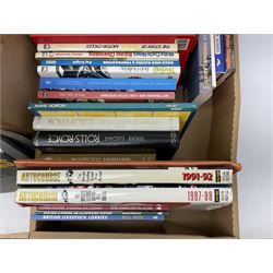 Collection of books relating to motorsport, Speedway and transport, to include, Mick Walker's Italian Racing Motorcycles, The World's Leading Grand Prix Annual, British Speedway Memories etc, in two boxes 