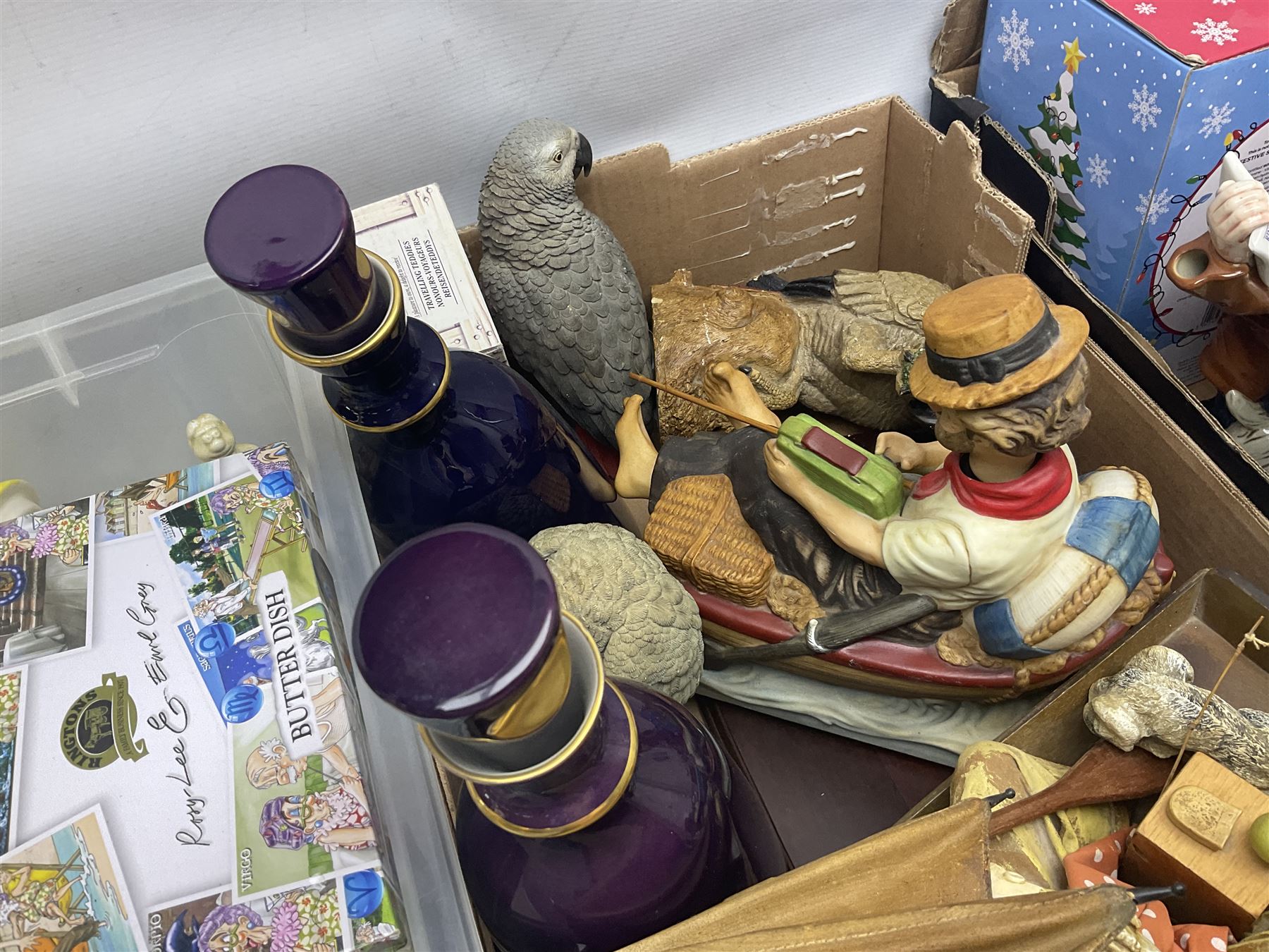 Gone Fishing Norman Rockwell The Saturday Evening Post figure, Animal Classics bird figure, Rington's novelty teapots, Fry's Chocolate reproduction box etc in three boxes