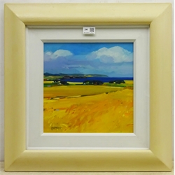Lin Pattullo (Scottish 1949-): 'Cornfields at Angus', oil on canvas signed, titled verso 29cm x 29cm
Provenance: purchased by the vendor from the Richard Hagen Gallery Broadway, label verso

