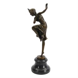 After Dimetri H Chiparus; Art Deco style bronze, modelled as a dancing flapper girl, upon black marble socle base, overall H40cm