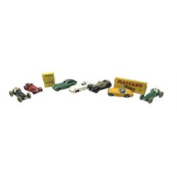 Dinky - seven unboxed and playworn die-cast models including Bristol 450 No.163, two Cooper-Bristol racing cars No.233, Mercedes Benz No.237, Austin Healey with driver No.109 etc; and two boxes of one dozen  Tyres Nos.090 and 092(unopened) (9)