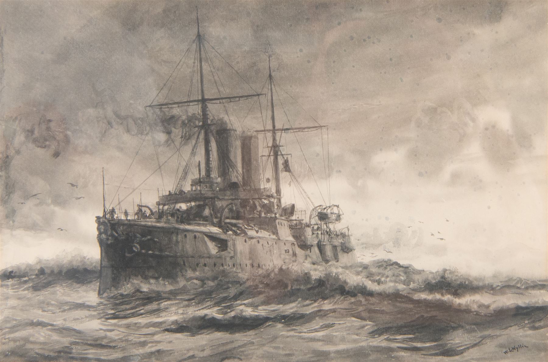 William Lionel Wyllie RA (British 1851-1931): HMS Blenheim, returning home with the body of the late Prince of Battenberg after it had been transferred to her from HMS Blonde at Maderia, monochrome watercolour signed 23cm x 33cm 
Provenance: original illustration for The Graphic pub. 8th February 1896; purchased David Duggleby Ltd 17th July 2020 Lot 8. HMS Blenheim was a Blake-class first class protected cruiser that served in the Royal Navy from 1890-1926. She was built by Thames Ironworks & Shipbuilding Company at Leamouth, London.