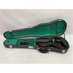 Neuner & Hornstiner early 20th century half size violin c1900, two piece maple back and ribs with a spruce top in a later ridged carrying case, no bow Length 57cm