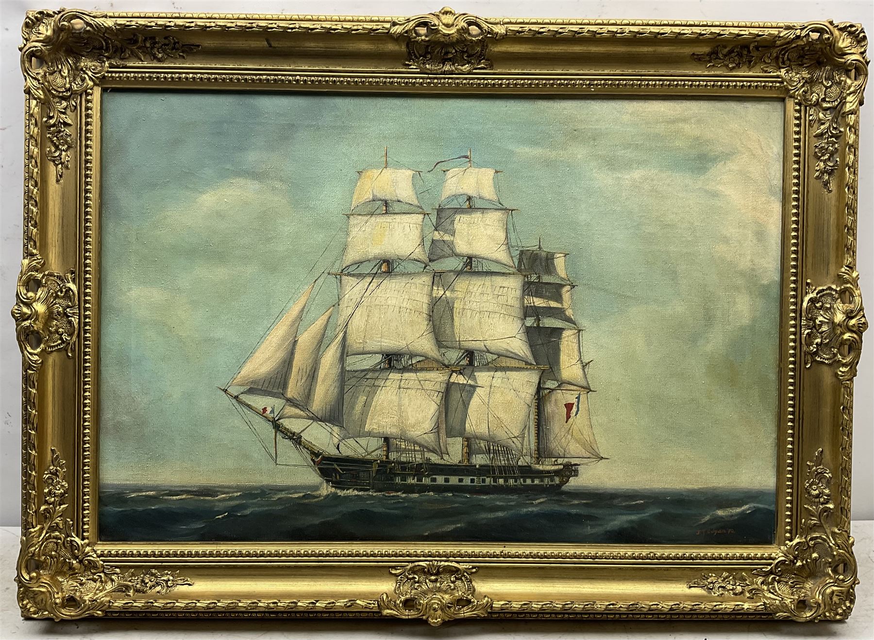 J Terry Culpan (British 20th century): French Frigate 'La Belle Poule 1834', oil on canvas signed and dated '70, titled verso 50cm x 75cm