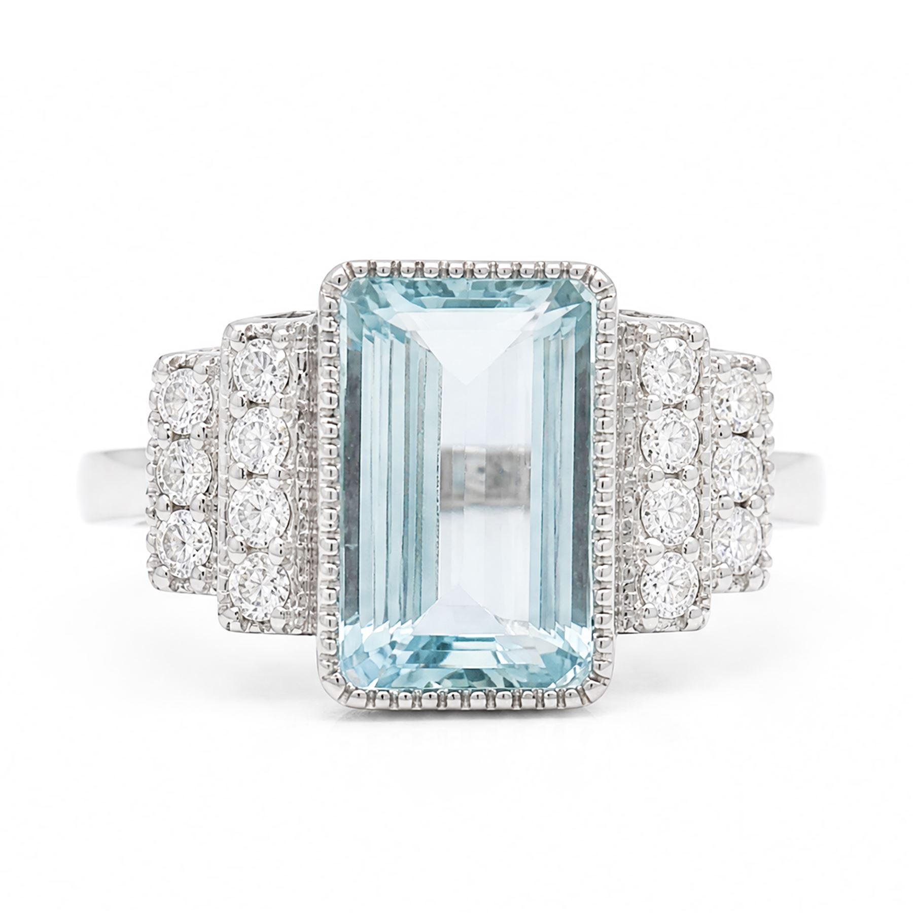 18ct white gold aquamarine and diamond stepped design ring, single milgrain set octagonal cut aquamarine of approx 7.00 carat, with seven round brilliant cut diamonds set either side, stamped 750, total diamond weight approx 0.40 carat