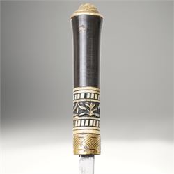 Early 20th century Indian concealed sword-stick, the black wooden scabbard and grip with carved bone collar, engraved brass band, and brass pommel in the form of a tigers head, W92cm