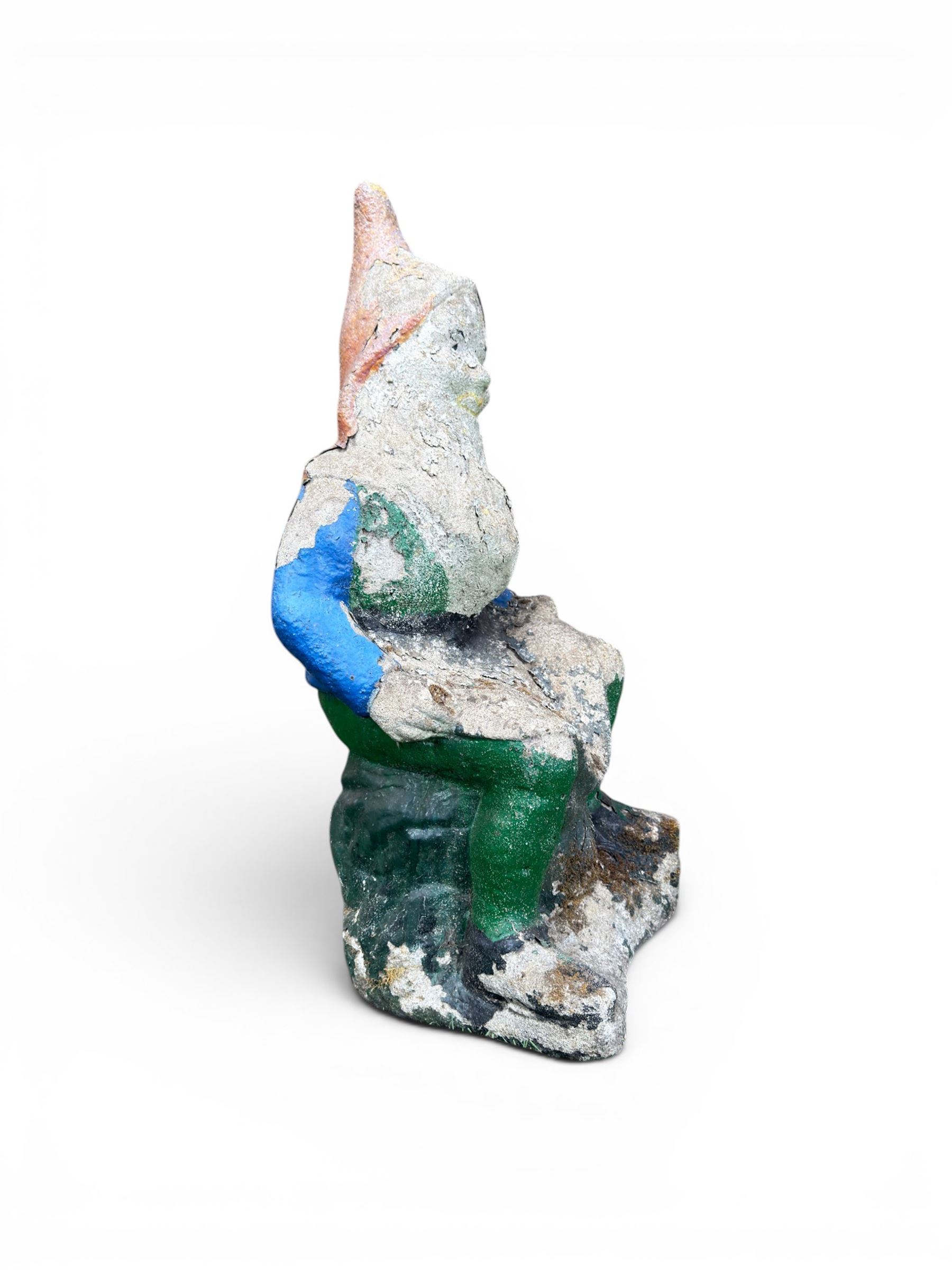 Early large scale composite stone garden gnome, original distressed paint