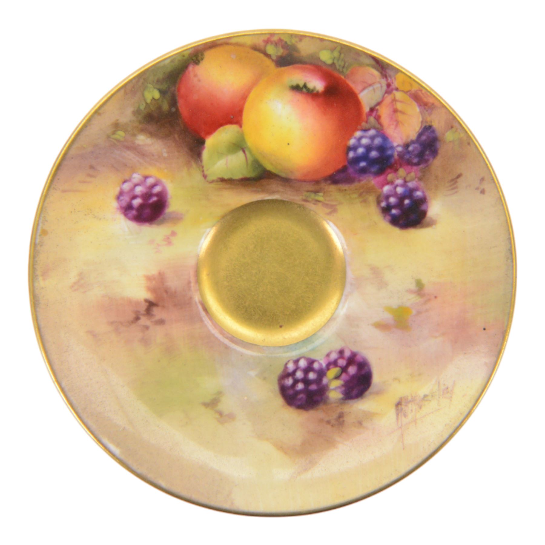 Two Royal Worcester fruit painted miniature cabinet cups and saucers, the first example interior hand painted with apples and blackberries upon a mossy ground, the cup exterior and centre of saucer gilded, cup signed W. Hale and saucer signed G. Mosley, each with puce coloured printed marks beneath, the second example, exterior hand painted with pears and blackberries upon a mossy ground, the cup interior and centre of saucer gilded, cup signed Rushton and saucer signed W. H. Austin, each with puce coloured printed marks beneath, largest H6cm