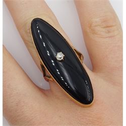 Victorian gold large oval onyx mourning ring set with a single stone diamond