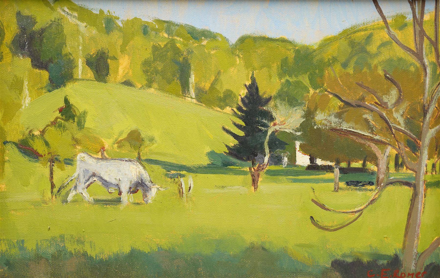 Caroline Romer (British 1955-): Horned Bull in Pasture, oil on canvas signed 21cm x 32cm