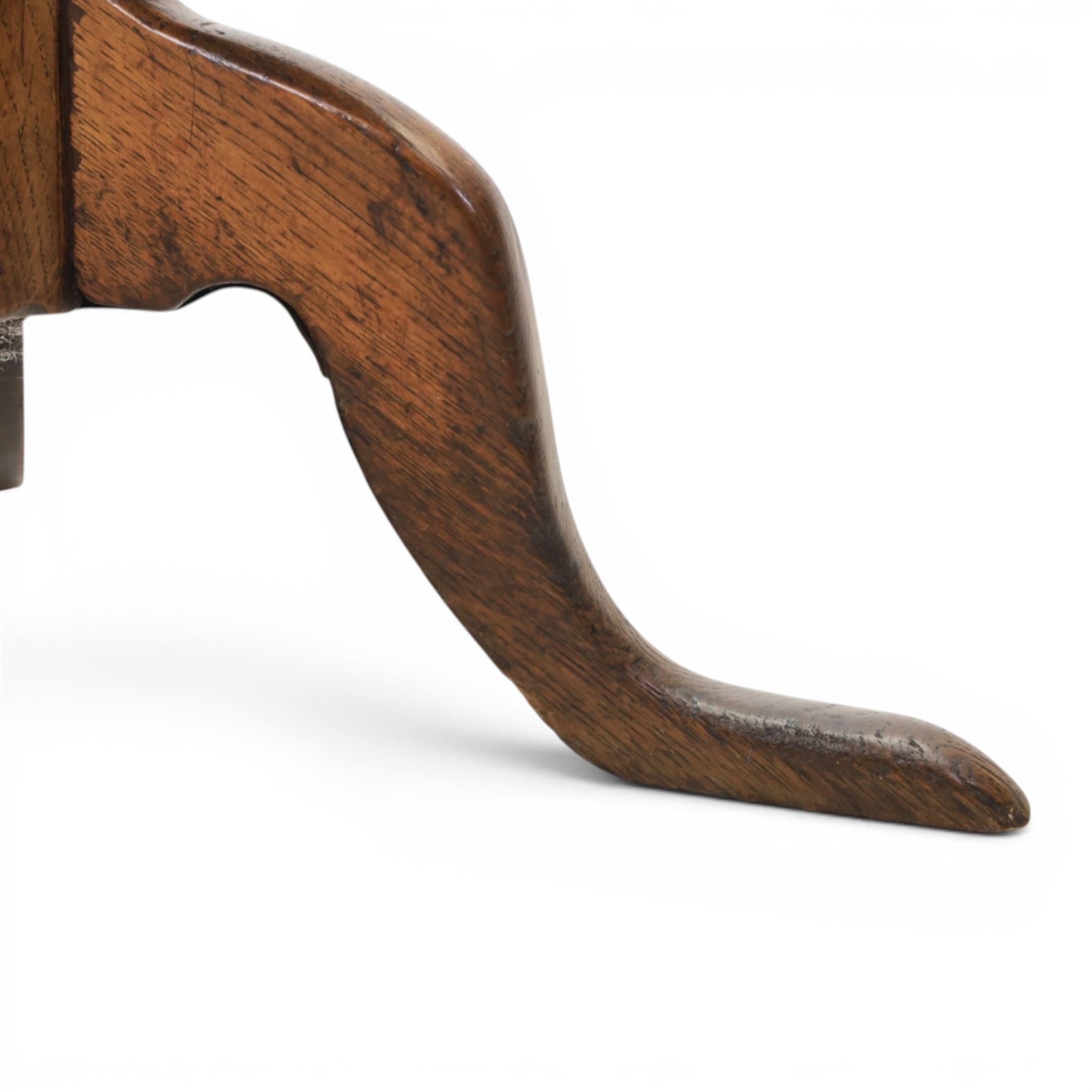Georgian oak tripod table, plank top with visible dowels with turned baluster column, raised on cabriole supports