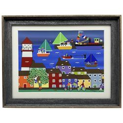 Gordon Barker (British 1960-): 'Seaside Village', acrylic on paper signed 25cm x 34cm