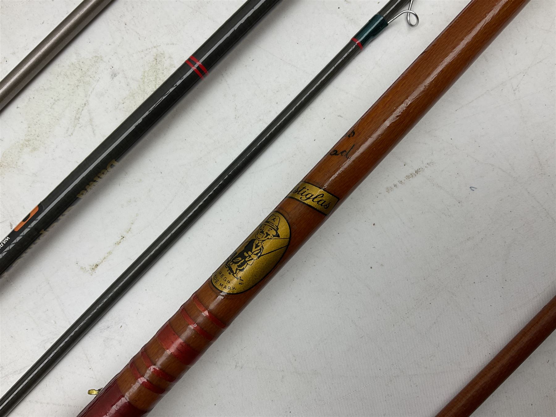 Shakespeare 'Composite Beachcaster 1332-300' 10ft two piece rod with Shakespeare alpha reel, Elastiglas two piece fly rod, Ryobi Masterline carbon fibre 'Pioneer PIF 85 Fly 8' 6