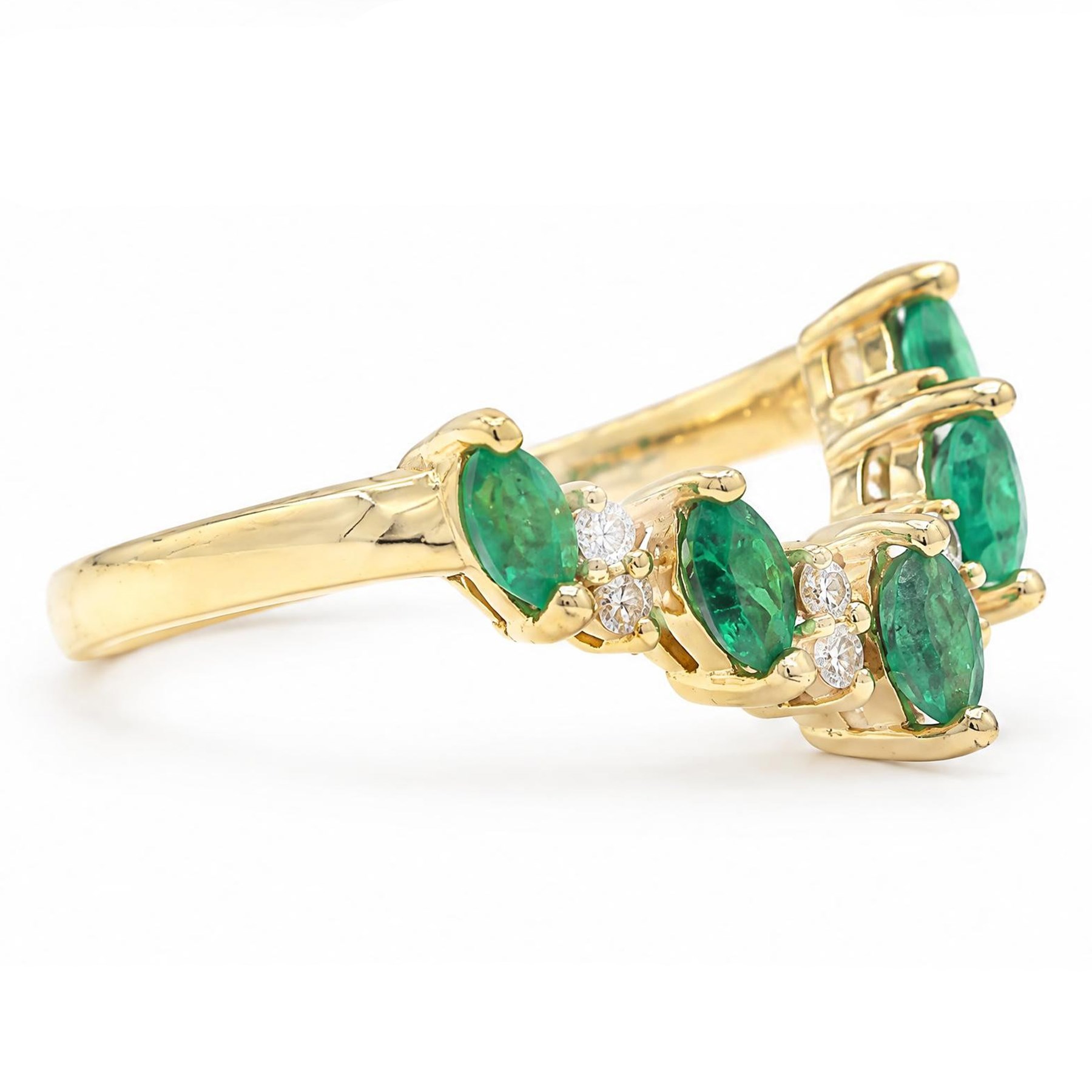 14ct gold emerald and diamond wishbone ring, five marquise cut emeralds, spaced by eight round cut diamond accents, stamped 585