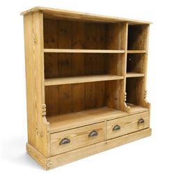 Late Victorian stripped pitch pine open bookcase, fitted with four adjustable open shelves, two drawers fitted to base with pull handles, on skirted base 