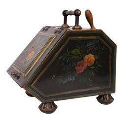 Late Victorian hand painted toleware coal scuttle, black painted tin body hand painted wit...