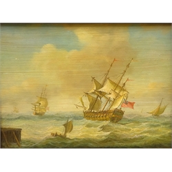  British Man o' War in Heavey Seas off the Coast, oil on panel unsigned 18cm x 24cm  