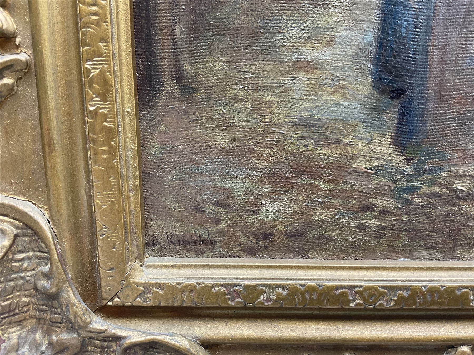 Albert Kinsley (British 1852-1945): Tin Ghaut - Whitby, oil on canvas signed, in heavily ornamented swept gilt frame 44cm x 29cm 