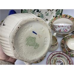 Calais Imari style part tea service, Mason's Chartreuse pattern plate, Arthur Wood Gaudy Welsh style coffee pot, and Victoria Ware teacup and saucer