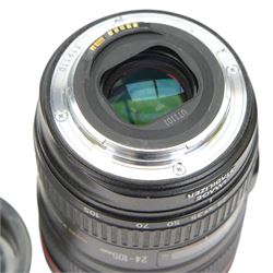 Canon Ultrasonic EF 24-105mm 1:4 L IS USM zoom lens serial no. 319110, with Canon EW-83H lens hood, in carry pouch