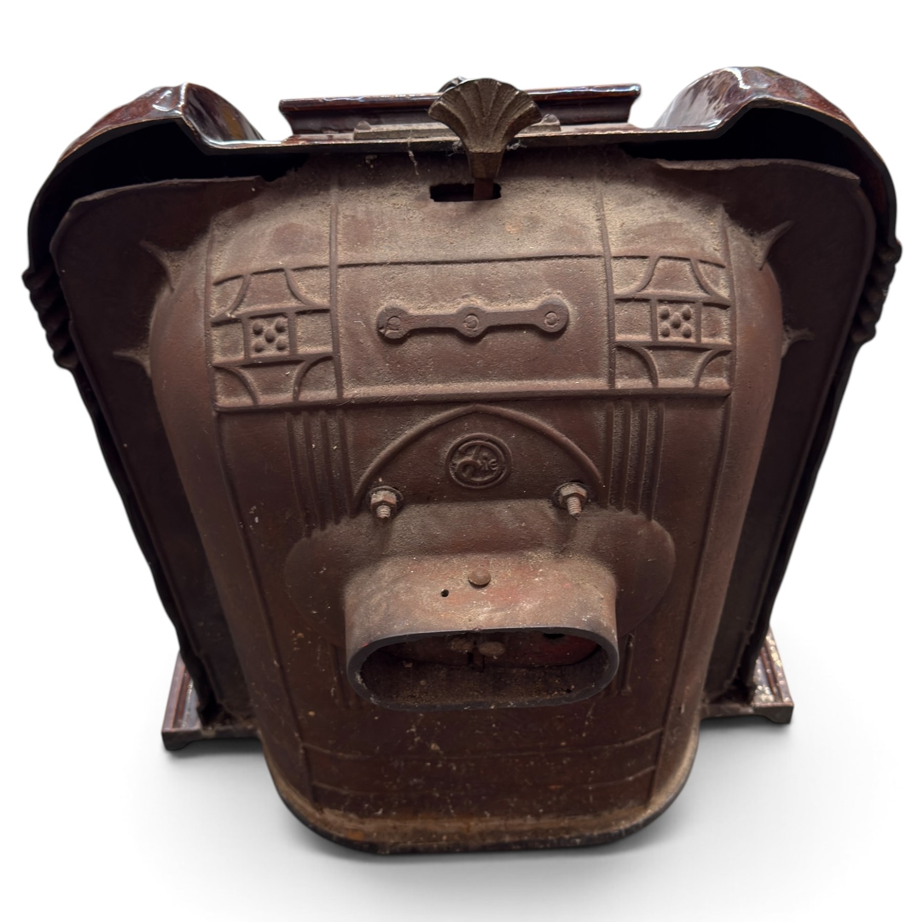 Deville & Cie of Charleville - early 20th century Art Deco cast iron and burgundy enamel 'Cristal' wood burning stove, hinged vent over lattice glazed door and ash drawer, on shaped geometric base, circa 1920