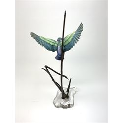 David Fryer Studios for Royal Worcester, a limited edition bronze and porcelain model of a kingfisher in flight, supported by bronze rushes, upon a clear base, signed D Fryer, and numbered 206/750, H48cm. 