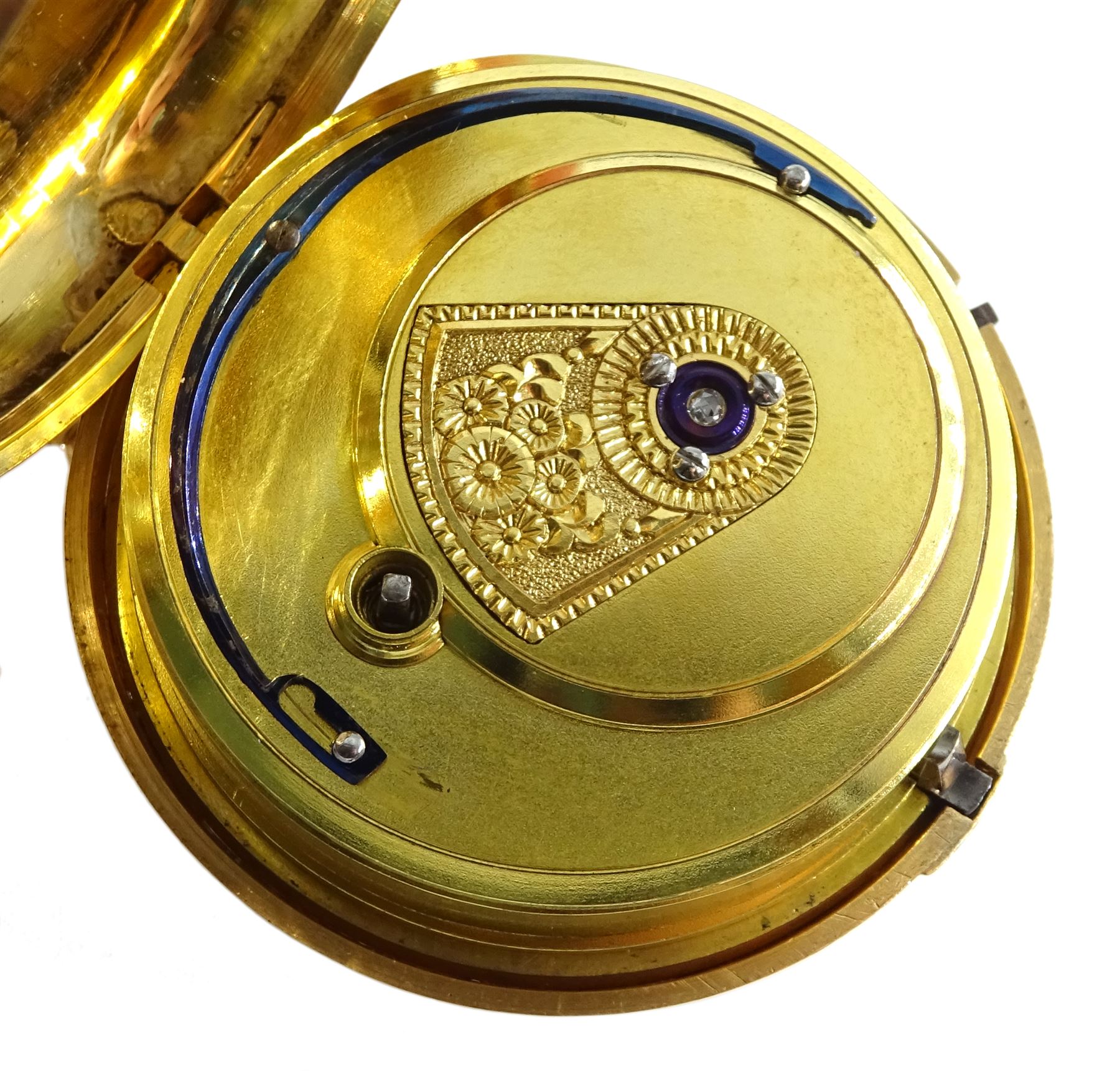 George III 18ct gold pair cased English lever fusee pocket watch by John Bolton, Durham, No. 844, round baluster pillars, engraved balance cock with flower decoration and diamond endstone, stop/work lever, cream enamel dial with Roman numerals and subsidiary seconds dial, case makers mark V&R, Chester 1819