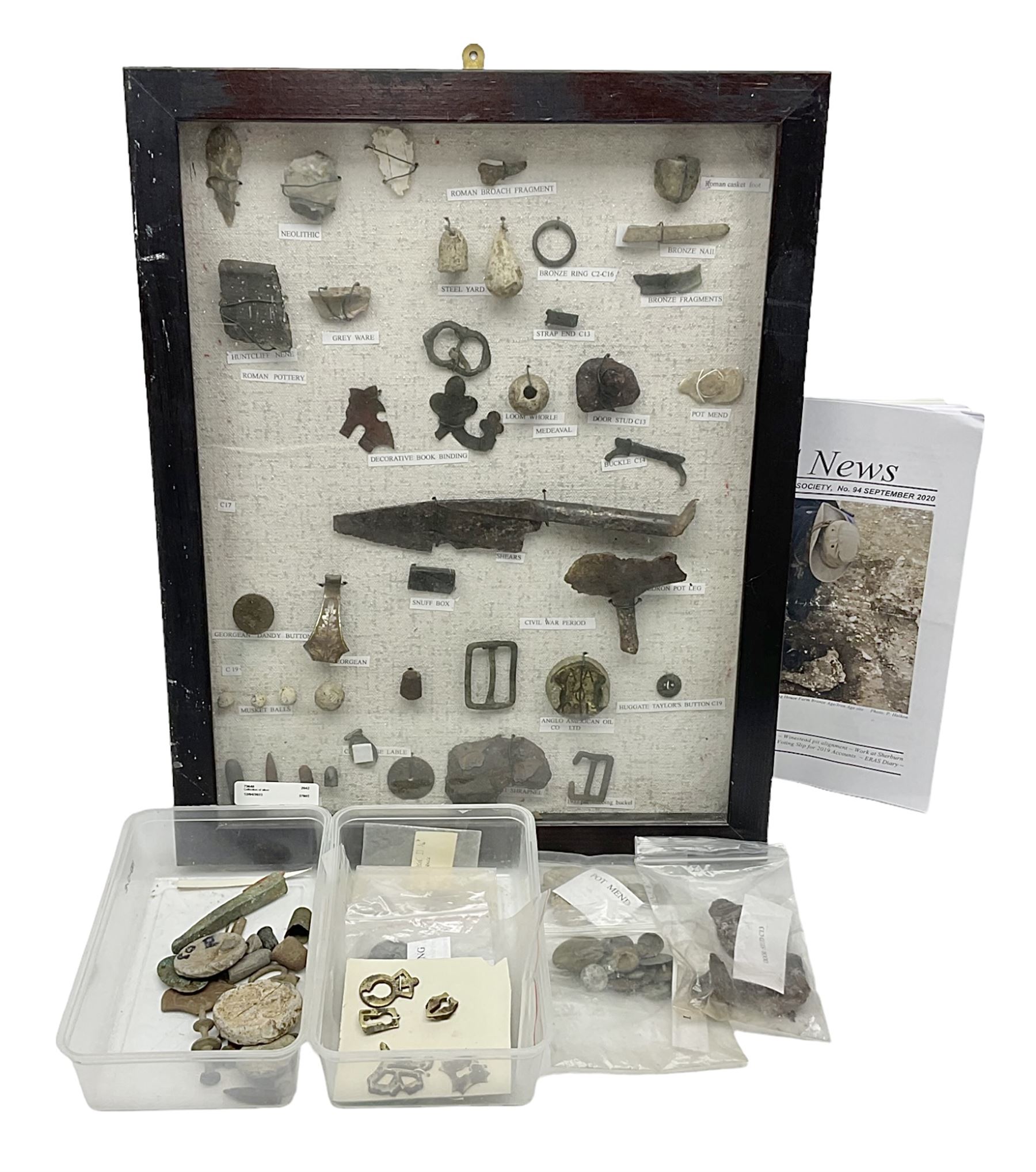 Collection of metal detector finds, to include Neolithic, Roman, medieval  specimens, musket balls, book bindings, tokens, shrapnel etc, 