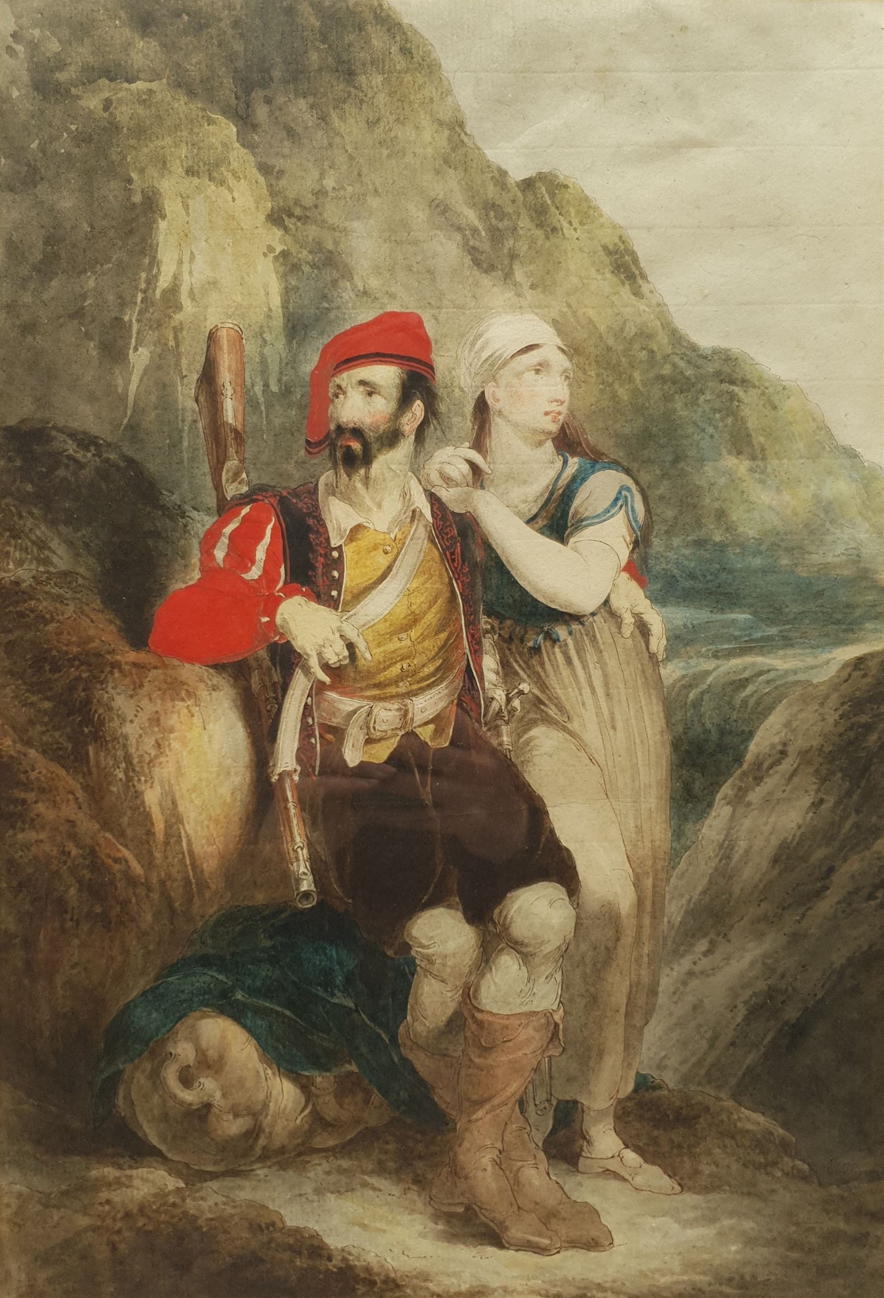 Thomas Uwins (British 1782-1857): The Soldier and his Girl, pen ink and watercolour over pencil signed 46cm x 32cm