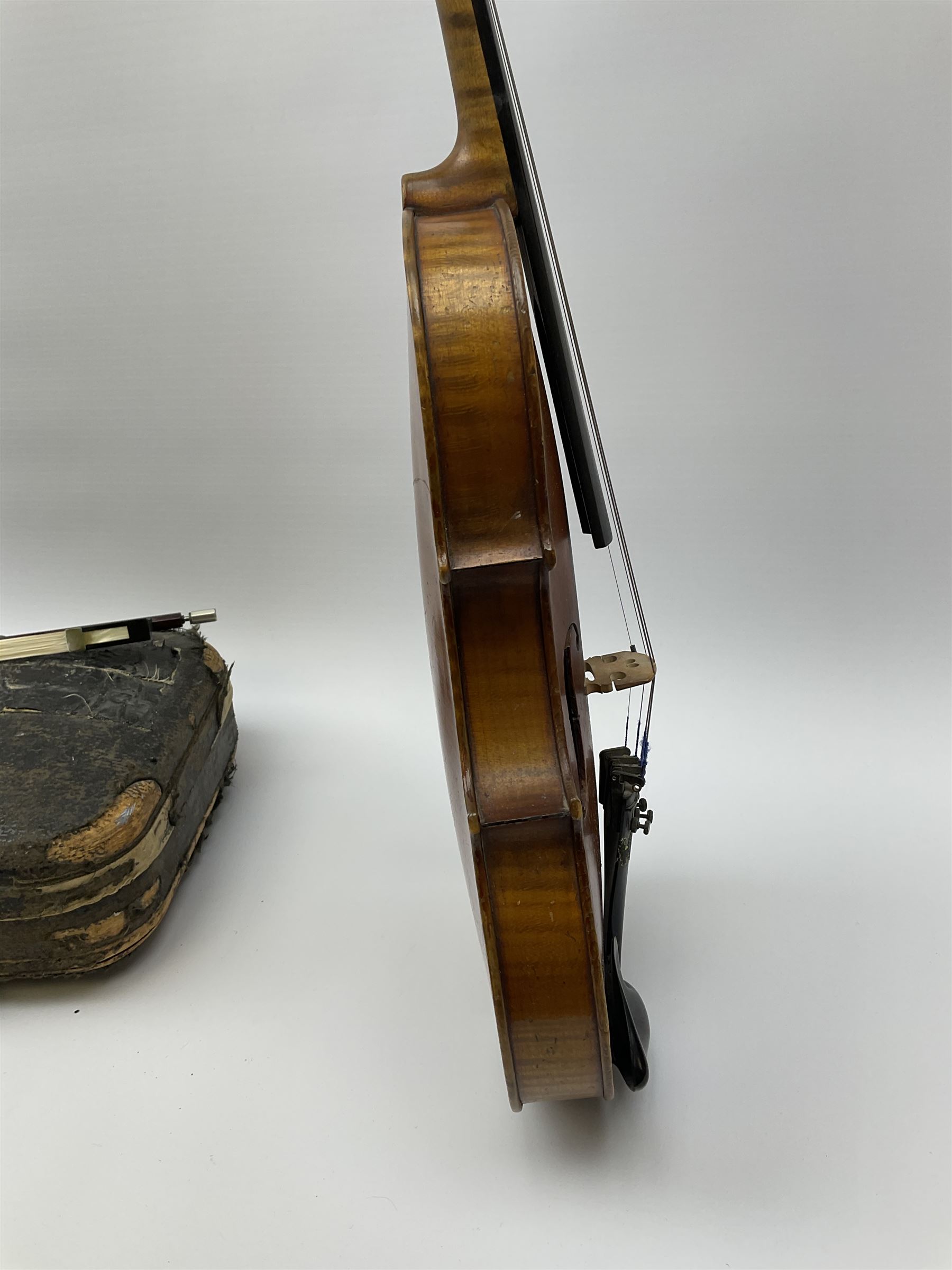 French Mirecourt violin c1920s with 36cm one-piece maple back and ribs and spruce top, labelled Jermone Thibouville-Lamy, L59cm, in fitted carrying case with German bow and 1984 valuation certificate by Frome Valley Music
