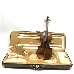 19th century German violin with 36cm two-piece maple back and ribs and spruce top, 59cm overall, in later fitted carrying case