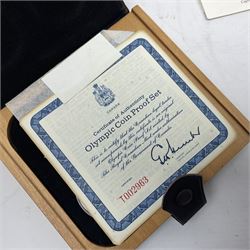 Six Queen Elizabeth II The Royal Canadian Mint silver proof four coin sets, to commemorate the 1976 Montreal Olympic Games, each set containing two five dollar coins and two ten dollar coin with Queen's head obverse and designs to the reverse relating to the Olympic Games, all in the original display cases and outer card boxes with certificates