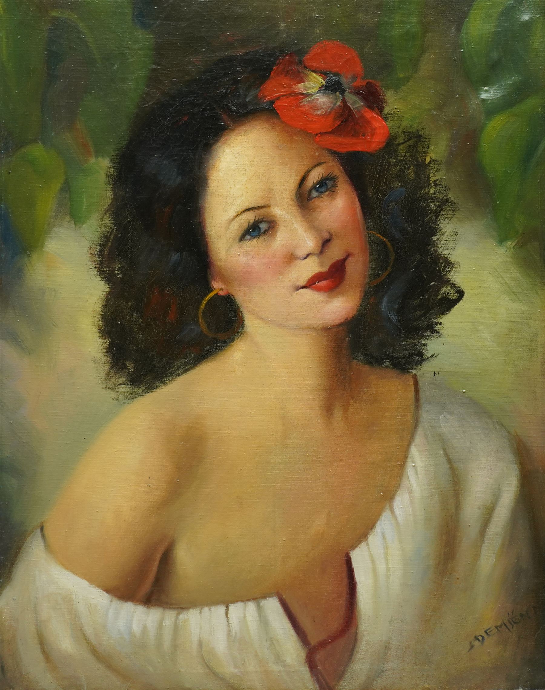 László Demjén (Hungarian 1864-1929): Portrait of a Girl with Flowers in her Hair, oil on canvas signed 59cm x 46cm